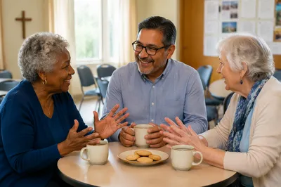 Seniors Sharing Tea in Community Hall