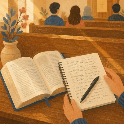 Open Bible and Sermon Notes on Pew