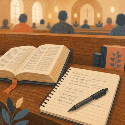 Open Bible and Sermon Notes on Pew
