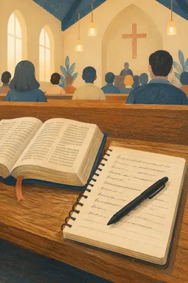 Open Bible and Sermon Notes on Pew