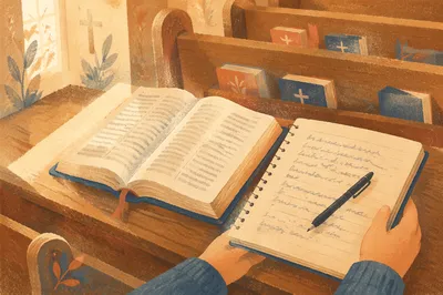 Open Bible and Sermon Notes on Pew