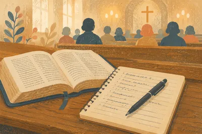 Open Bible and Sermon Notes on Pew