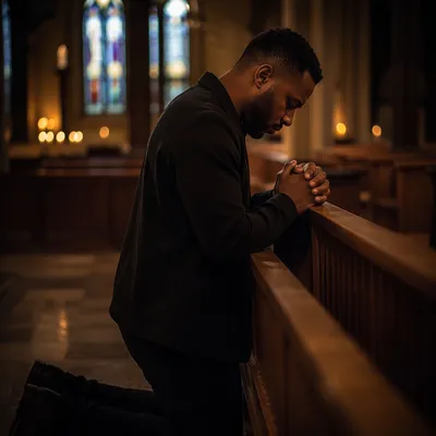 Man Kneeling in Quiet Church Sanctuary