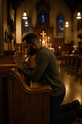 Man Kneeling in Quiet Church Sanctuary