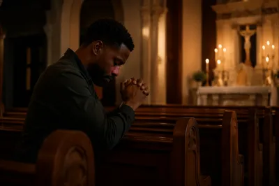 Man Kneeling in Quiet Church Sanctuary