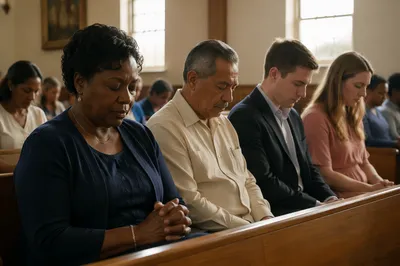 Congregation Bowed in Silent Prayer