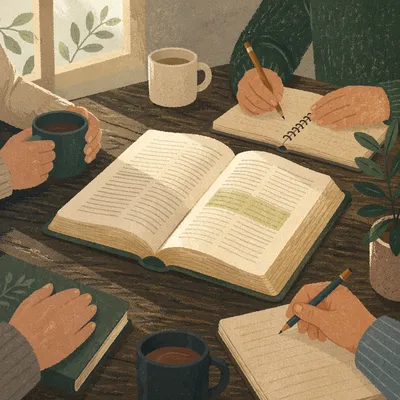 Small Group Bible Study Around Wooden Table