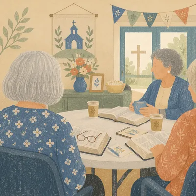 Elderly Women Bible Study Around Table