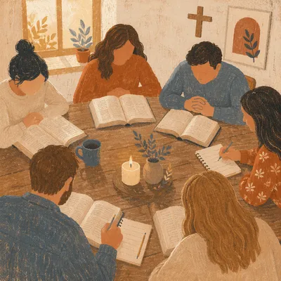 Small Group Bible Study Around Wooden Table