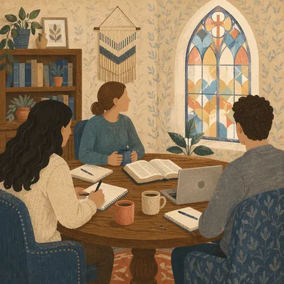Small Group Bible Study Around Wooden Table