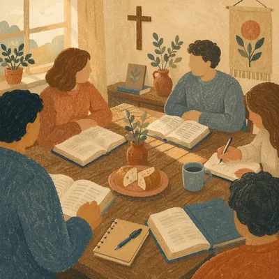 Small Group Bible Study Around Wooden Table