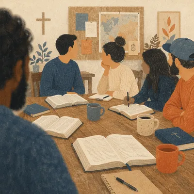 Small Group Bible Study Around Wooden Table