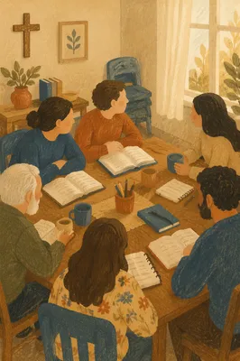 Small Group Bible Study Around Wooden Table