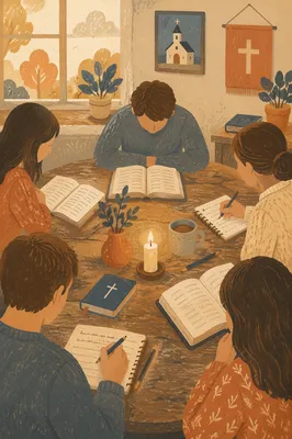 Small Group Bible Study Around Wooden Table