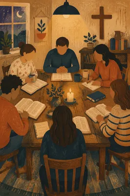 Small Group Bible Study Around Wooden Table