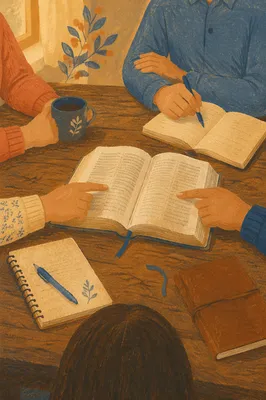 Small Group Bible Study Around Rustic Table
