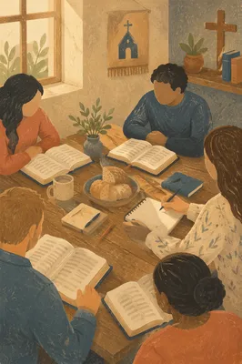 Small Group Bible Study Around Wooden Table