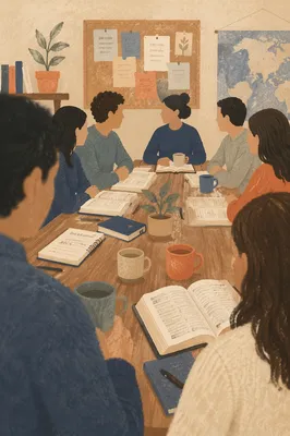 Small Group Bible Study Around Wooden Table