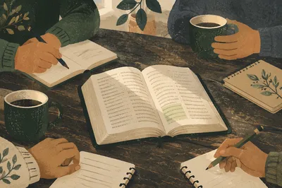 Small Group Bible Study Around Wooden Table