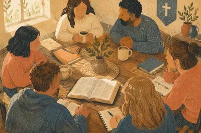 Small Group Bible Study Around Wooden Table