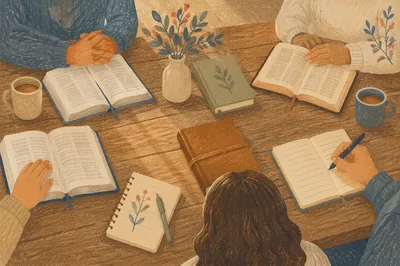 Small Group Bible Study Around Rustic Table