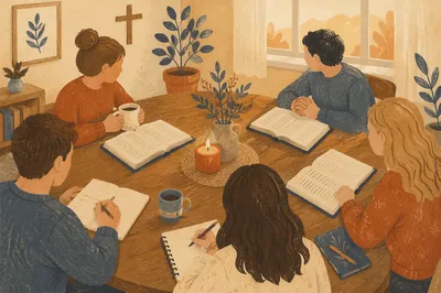 Small Group Bible Study Around Wooden Table