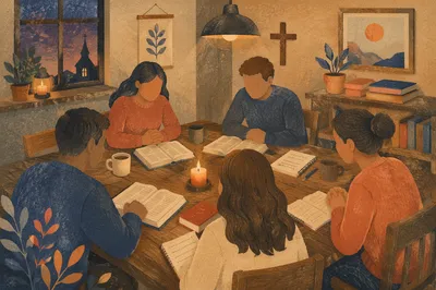 Small Group Bible Study Around Wooden Table