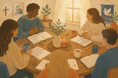 Small Group Bible Study Around Wooden Table