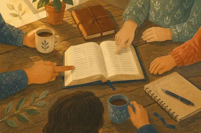 Small Group Bible Study Around Rustic Table