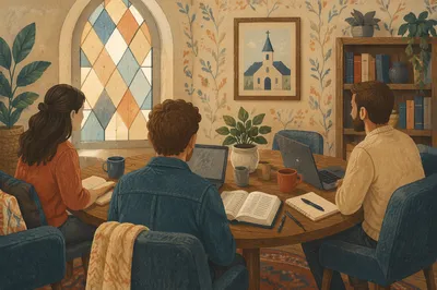 Small Group Bible Study Around Wooden Table