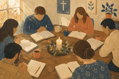 Small Group Bible Study Around Wooden Table