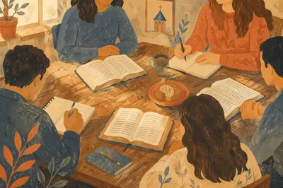 Small Group Bible Study at Wooden Table