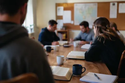 Small Group Bible Study Around Wooden Table