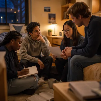 College Small Group Study in Dorm Room