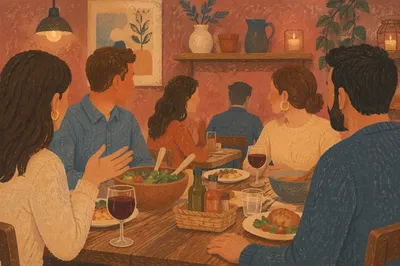 Warm Small Group Couples Dinner Conversation