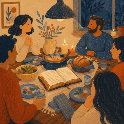 Cozy Small Group Dinner with Open Bible