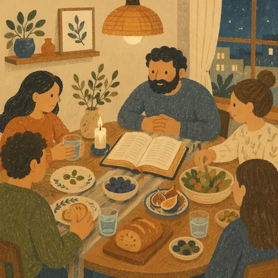 Cozy Small Group Dinner Around Open Bible