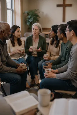 Six Adults in Coffee Discussion Circle