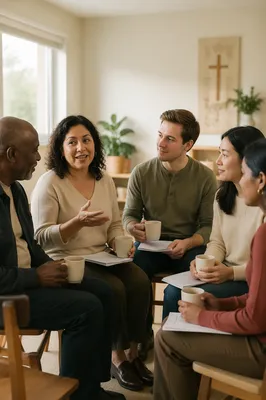 Five Adults in Coffee Discussion Circle