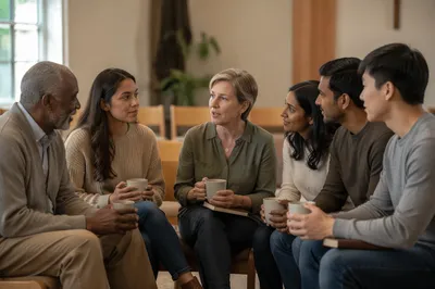 Adults in Discussion Circle with Coffee