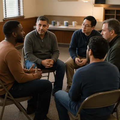 Five Men in Support Group Circle