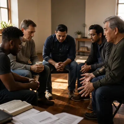 Five Men in Quiet Discussion Circle