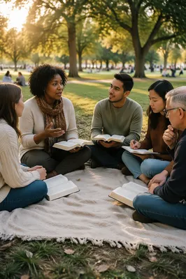 Small Group Reading Together in Park