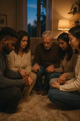 Intimate Prayer Circle in Cozy Living Room