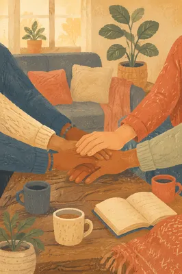 Small Group Prayer Hands in Cozy Home