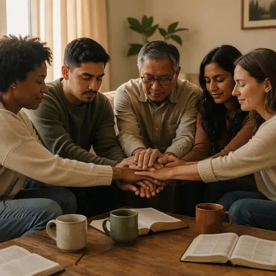 Small Group Prayer Hands in Cozy Home