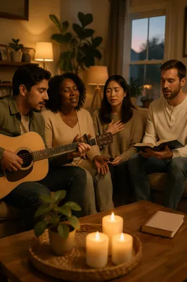 Friends Singing with Acoustic Guitar at Home