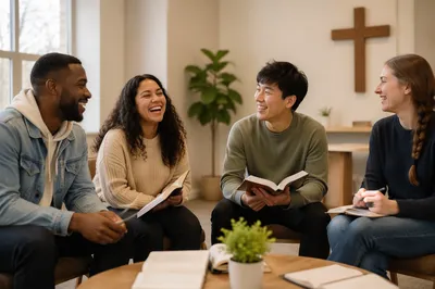 Young Adults Laughing in Church Room