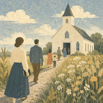 Small White Country Church in Morning Field