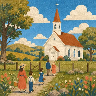 Small White Country Church in Field
